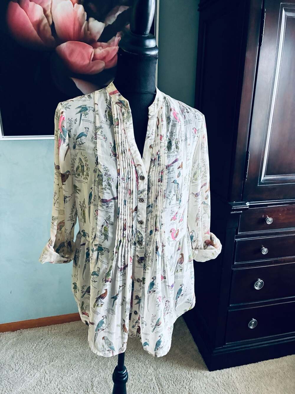 Maeve Anthropologie Ornithology Bird Print Pintuck Peplum Tunic Blouse Sz 6 A460